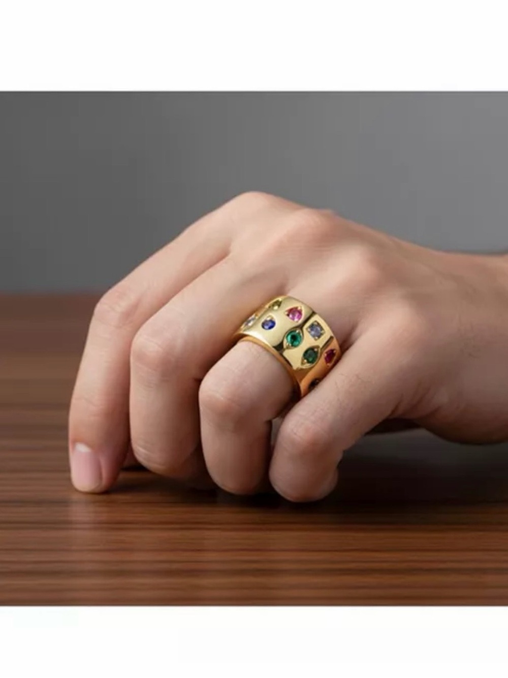Gold Multi-Gemstone Wide Band Ring size 8 - Picture 3 of 6